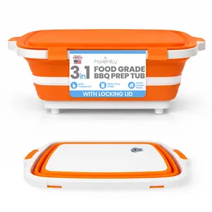 Havenity BBQ Prep Tub, Multifunctional Camping Cutting Board with Locking Lid, Meat Prep Tub for Meal Prep Marinating Food, Tailgate Container with Lid, Collapsible Food Storage Containers Gifts Boyfriend,Husband and Father BBQ Brisket (Orange)