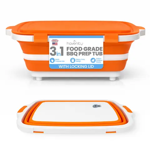 Havenity Collapsible BBQ Prep Tub with Locking Lid - Multifunctional Camping Cutting Board, Tailgate Ready Meal Prep Container for Marinating Food, BBQ Brisket Kit, Gifts for Husbands/Fathers (Orange, Collapses for Easy Packing)