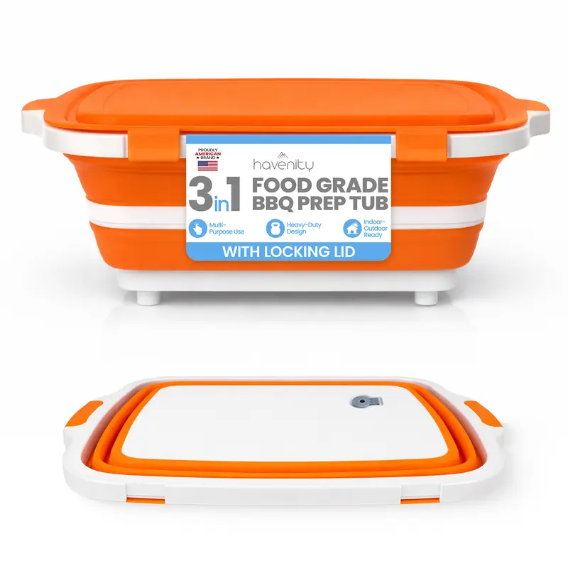 Havenity Collapsible BBQ Prep Tub with Locking Lid - Multifunctional Camping Cutting Board, Tailgate Ready Meal Prep Container for Marinating Food, BBQ Brisket Kit, Gifts for Husbands/Fathers (Orange, Collapses for Easy Packing)