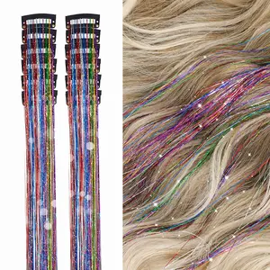 Glitter Tinsel Hair Extensions 12 Count 19.6 Inch Clip - Colorful Shiny Sparkly Hair Tinsel for Women - Heat Resistant Design