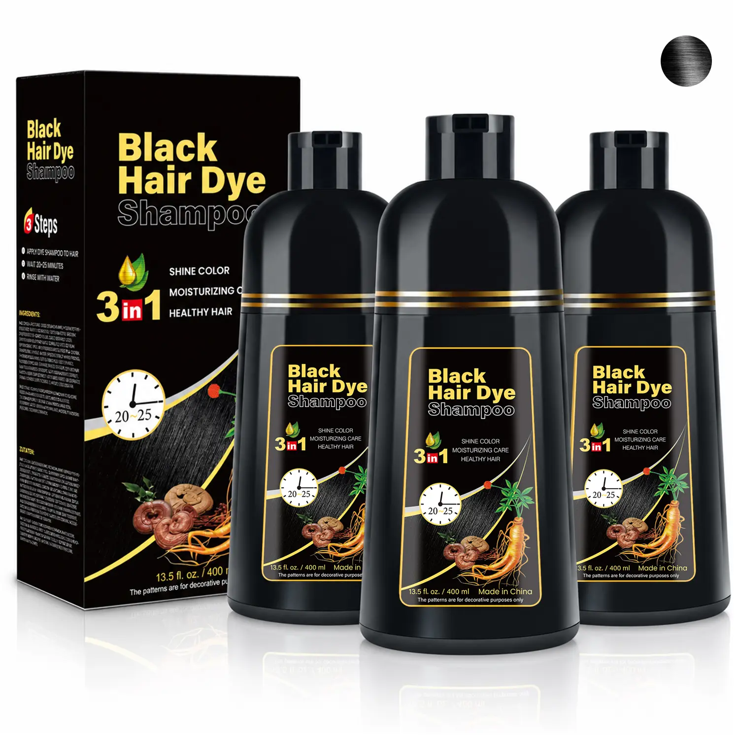 KAISASA 3-in-1 Black Hair Dye Shampoo - Haircare Cleanser, Conditioner with Ginseng Extract, Herbal Gray Coverage, Natural Color, Plant Care, Restores Functionality, 500ml, 15-20 Minute Color Step Fits Home, for Adults（400ml）