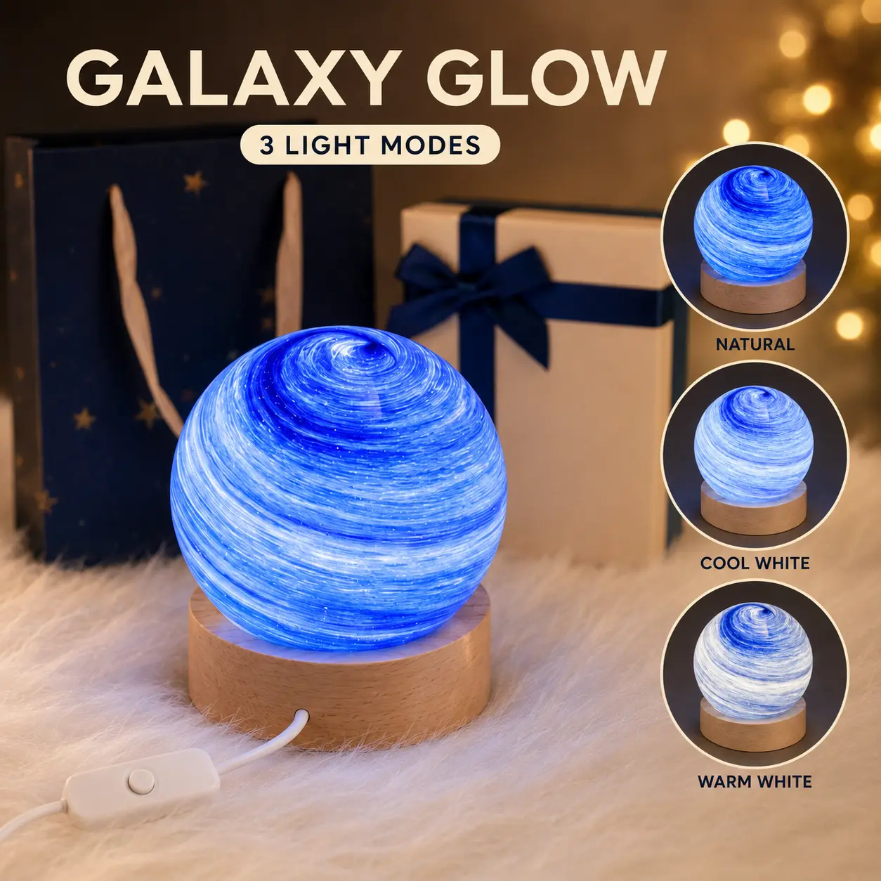 3 Light Modes Night Light with Wood Base, Decorative Creative Gift Luminous Crystal Ball for Christmas Classmates and Kids Birthday  Natural Cool White & Warm White Settings for Ambiance and Relaxation Thanksgiving Gifts Halloween Gifts#Back to school-MM