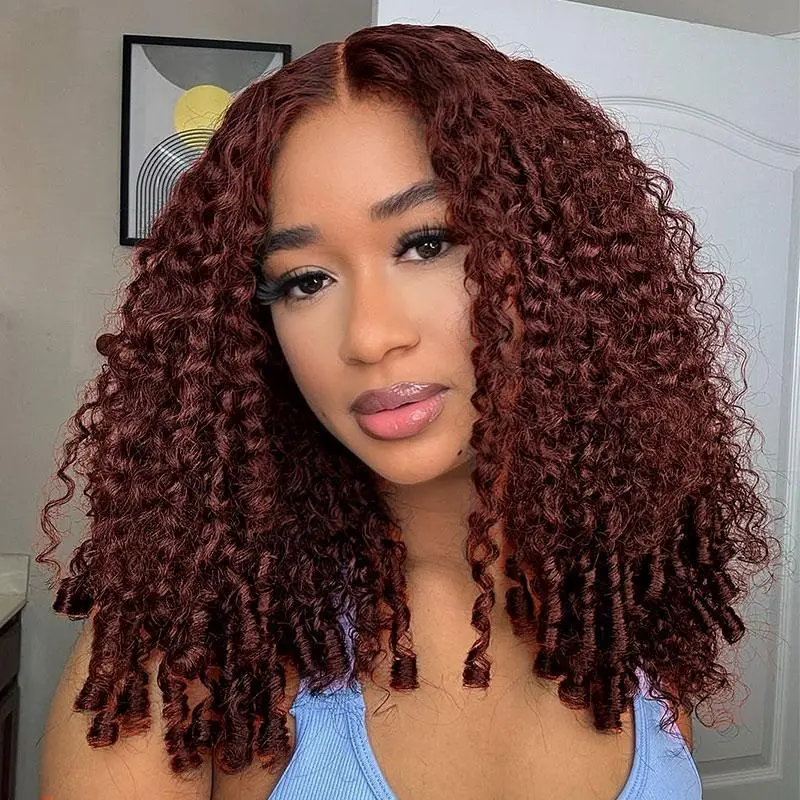 [Burmese Curly] West Kiss Glueless Reddish Brown Burmese Curly 7x5 Lace Closure Wigs Human Hair Pre Cut Pre Plucked with Natural Hairline