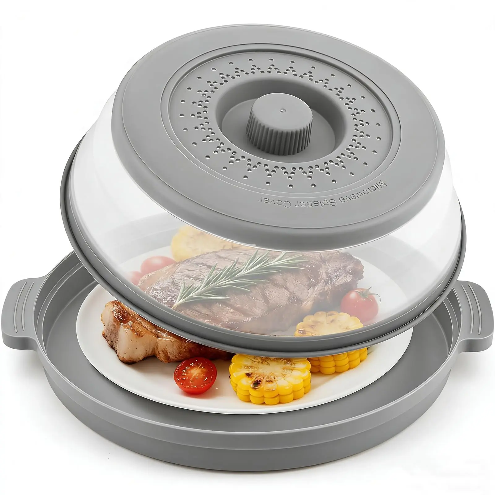 10.7 in 2-in-1 Collapsible Microwave Splatter Cover Utensil - Vented Silicone Lid with Tray & Handles, Dustproof Reusable Microwave-Resistant Multi-Dish Lid, BPA-Free Fruit Vegetable Colander Kitchen Gadget for Meal Prep