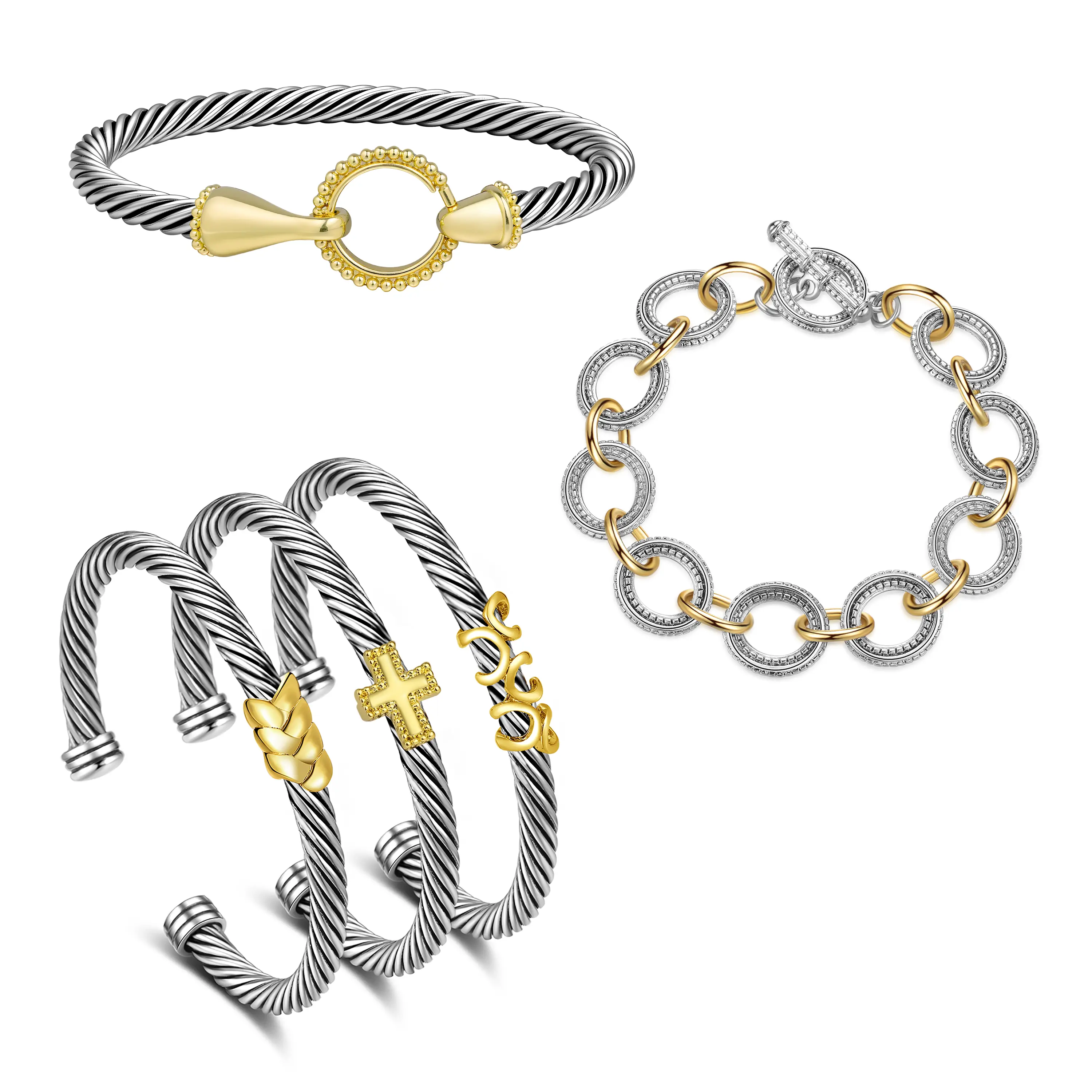 MYTYS Women's Cuff Bracelet Set - 5Pcs Elegant Two-Tone Bangles with Twisted Rope, Adjustable Open Bangle, Dual-Tone Design, Secure Clasps, Perfect for Daily Wear & Special Occasions, Trendy Jewelry