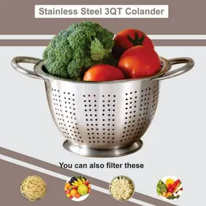 Mainstays SS 3 Quart Multi Use Colander for Straining Draining and Rinsing Pasta Fruits or Vegetables Stainless Steel Mirror Finish Dishwasher Safe