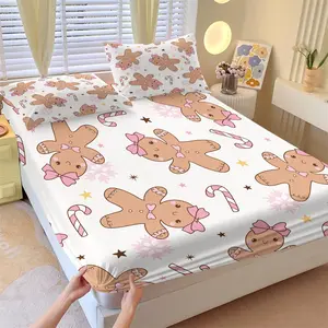 Christmas Gingerbread Man Fitted Sheet Set, 1 Fitted Sheet and 2 Pillowcases, Cozy & Cute, Full of Festive Bedding, Soft Breathable Fabric, Perfect for Christmas Gift or Bedroom Decor
