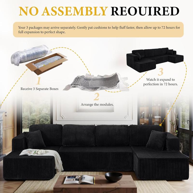 【2-3 Packages】 Niccae 132'' U-shape Boneless Memory Foam Sectional Sofa, Compressed Corduroy Sectional Couches, Oversized U Shape Comfy Modular Compression Cloud Sleeper Sofa with Deep Seat, Space-Saving Recliner Design