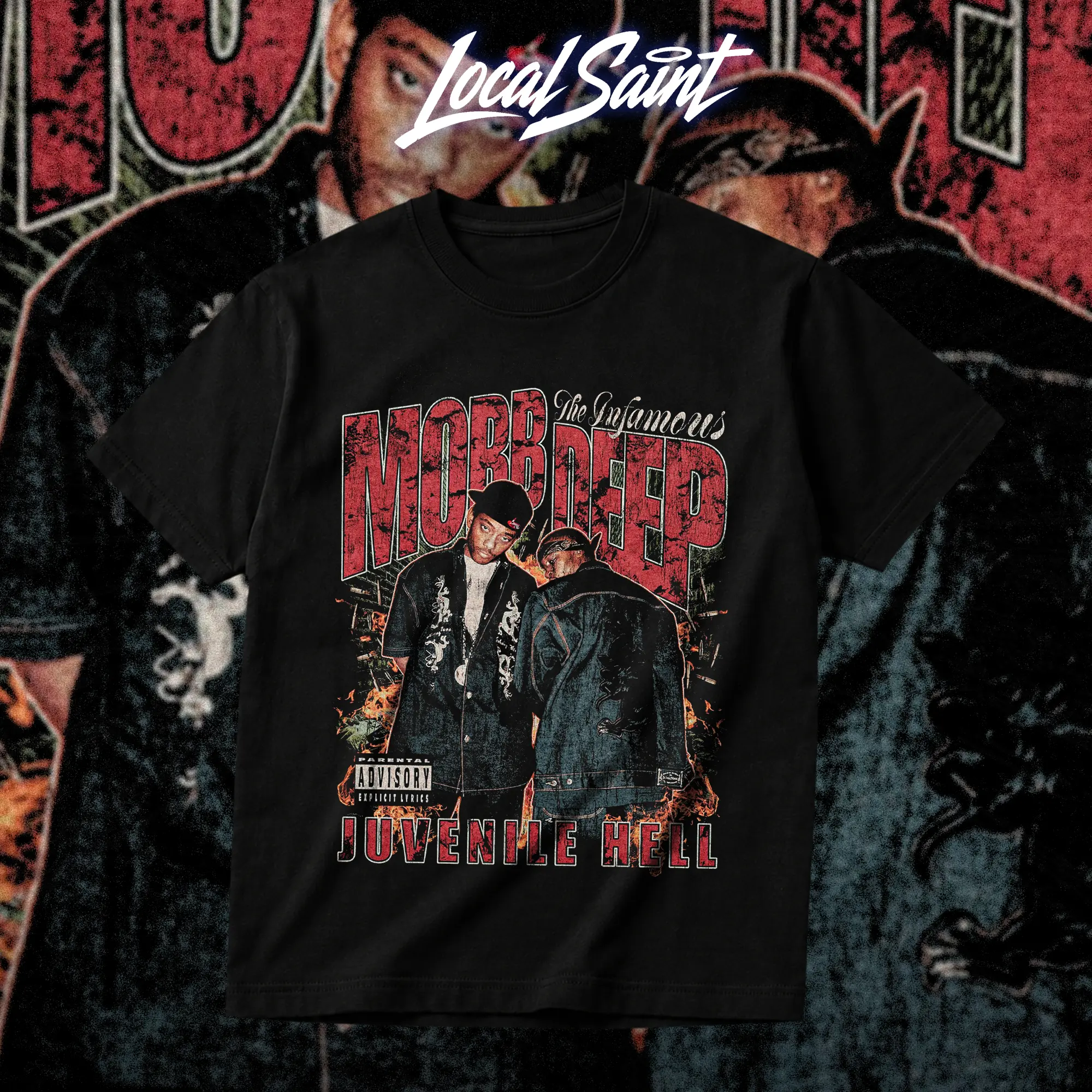 LOCALSAINT Mobb Deep Juvenile Hell Heavy Cotton Unisex Graphic T-Shirt Hoodie, Vintage East Coast Hip-Hop Streetwear Tee, Queens Rap-Inspired Crewneck Shirt, Y2K Graphic Apparel, Direct-to-Garment Breathable Print