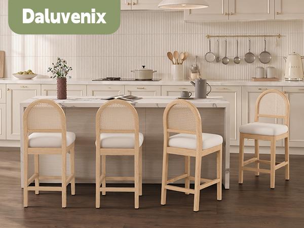Farmhouse Rattan Counter Height Bar Stools Set of 2, Chenille Upholstered Barstools with Solid Wood Frame & Legs, Chic Kitchen Island Chairs