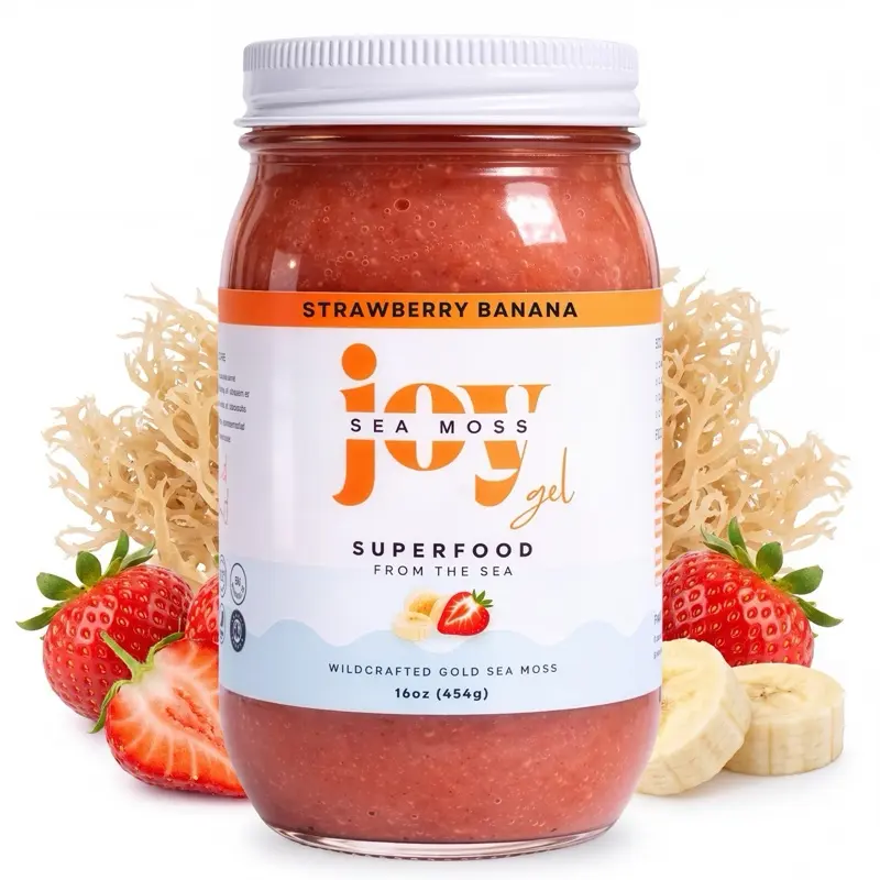 Joy Sea Moss Gel 16oz Strawberry Banana Made in USA Rich in Vitamins Minerals Real Fruit Nutritional Supplement