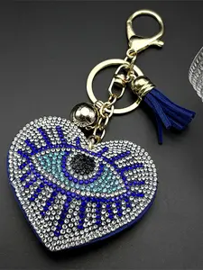 Full Rhinestones Love Heart Evil Blue Eye Key Chain for Women Men Gold Color Turkish Eyes Keyring Bag Pendant Keychain For Bags Gifts Keychain Attachment