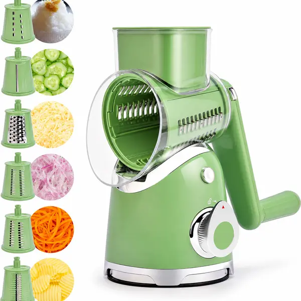 SUSTEAS Rotary Cheese Grater, 6-Blade Multi-Function Vegetable Slicer with Upgraded Suction Base & Blade Storage