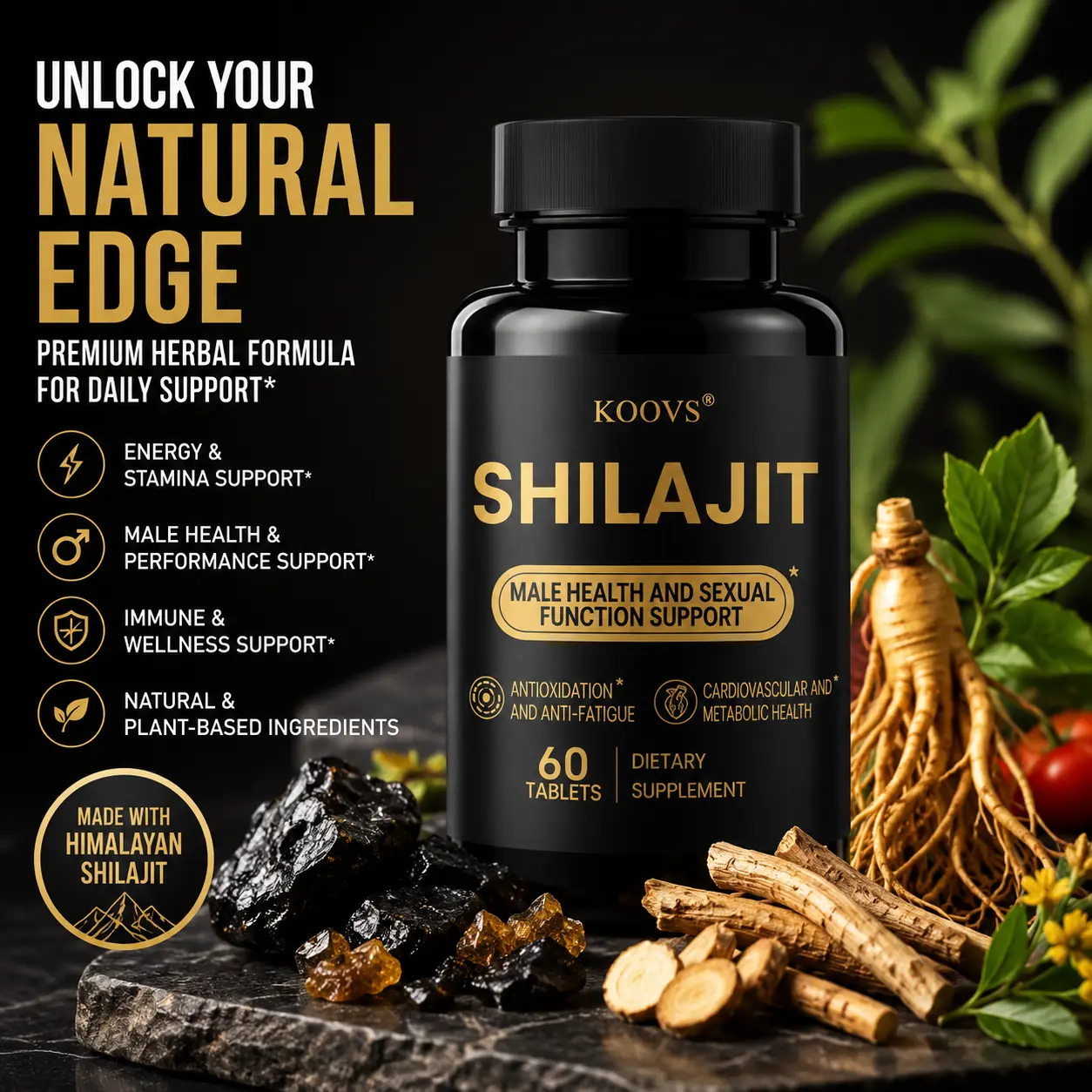 KOOVS Shilajit Daily Support Tablets – Himalayan Shilajit Herbal Blend with Ashwagandha, Ginseng & Trace Minerals | Energy & Wellness Support | 60 Tablets