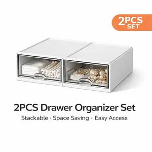 2PCS Drawer Organizer Set – Stackable Storage Box with Clear Front, Space-Saving Desktop Organizer for Makeup, Accessories