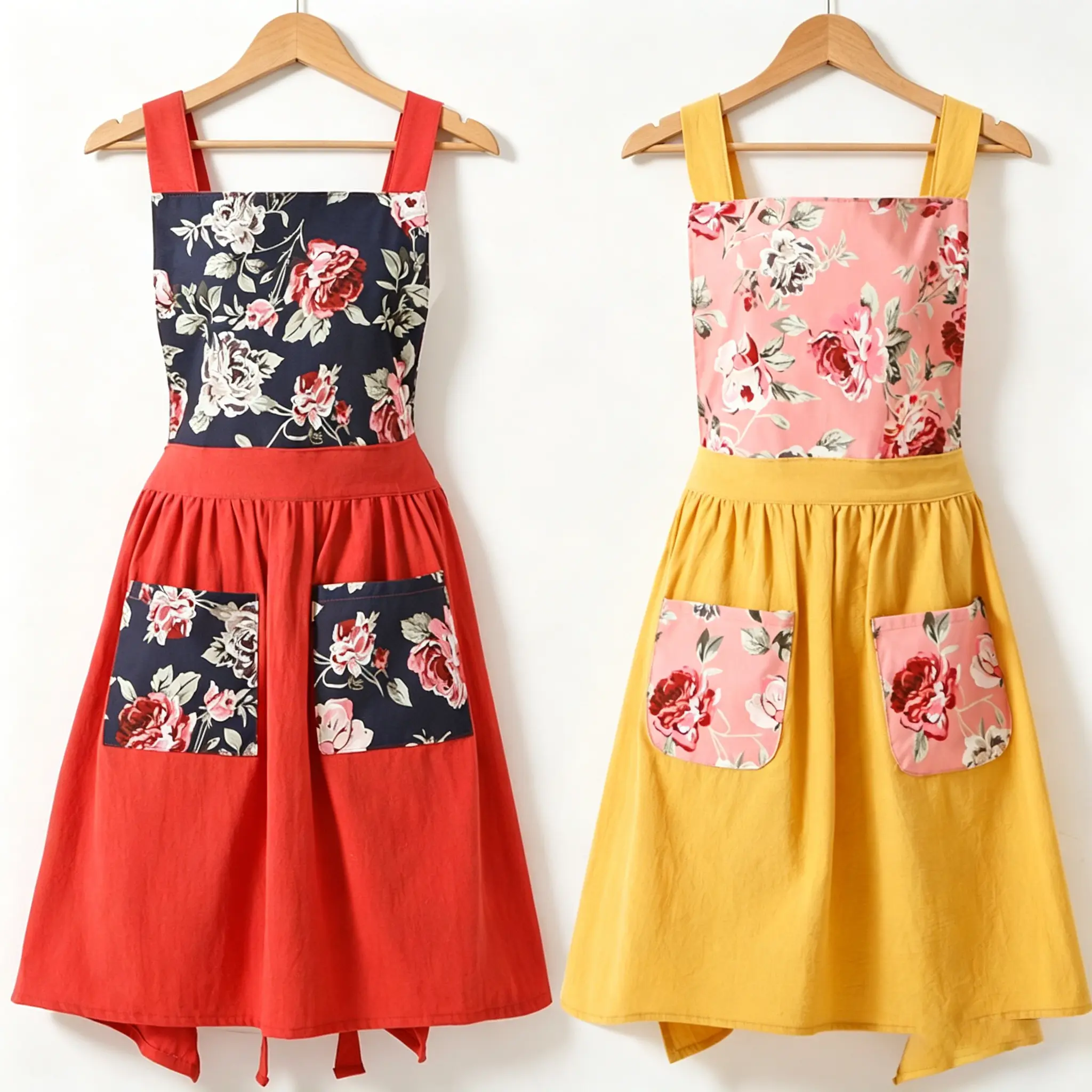 Fashion Korean Style Apron With Pockets,Fine Breathable Fabrics,Vintage Kitchen Apron For Cooking,Stain-resistant Flower-printed Apron Convenience