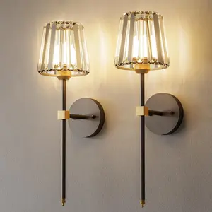 Crystal Battery Operated Wall Sconces Set of 2, Black and Gold Rechargeable Wireless Wall Lights with Crystal Lampshade, 12 RGB and 3CCT Dimmable Wall Lamps with Remote for Bedroom Living Room Hallway