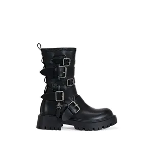 SPRIDY-BLACK BUCKLED COMBAT BOOTIE