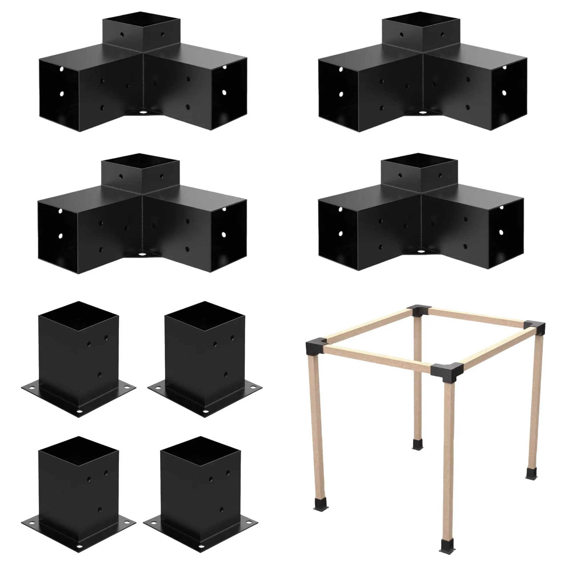 Heavy Alloy Steel 2.5mm Thick Pergola Kit for 4"x 4" (Actual 3.6" X 3.6") Lumber，8pcs (4pcs 3-Way , 4pcs Base) Corner Bracket Woodworks DIY Post Base Kit,  Suitable for Backyard，Gardens，Patio and Metal Gazebo Kits Outdoor Furniture Outdoor Shade Canopy
