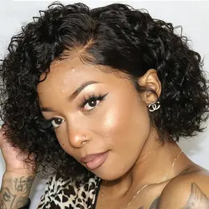 100% Human Hair 4x4 Lace Closure Glueless Short Pixie Wig, Pre-Cut Pre-Styled Curly Side Part, Easy Ready-to-Wear Natural Look SummerVibes KissLove Fashion Accessory
