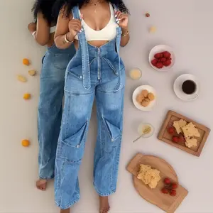 Women's loose-fit denim dungarees, wide-leg casual jumpsuit, high-waisted denim jumpsuit, vintage washed fabric, everyday wear, street style, long-length, everyday outfits