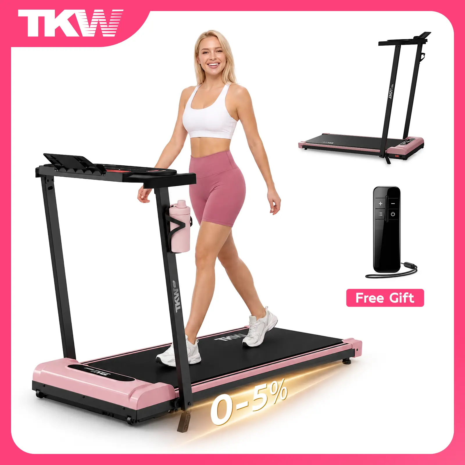 TKW 3-in-1 Walking pad,Pink Walkingpad,Light weight Treadmill,  Capacity,Low-Noise Motor Walking Pad, Remote Control & Wheels for Easy mobility, LED Display，Vibration Walking pad