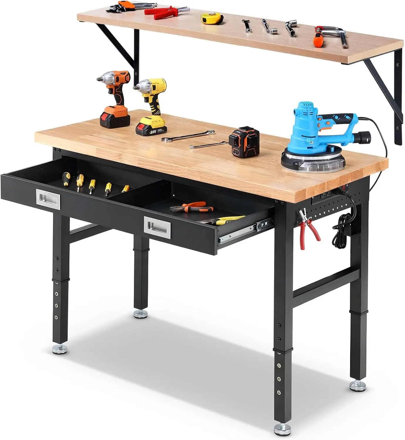 ENJOYWOOD 48-Inch Rubber Wood Top Work Bench - Safety Tool Organizer, Ergonomic Adjustable Storage Benches with Drawers, Shelf Bracket, Power Outlets for Garage, Workshop Stability