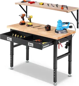 ENJOYWOOD Work Bench with Storage Adjustable Workbenches with Drawers for Garage 48 Inch Rubber Wood Top Garage Workbench with Shelf Bracket,Power Outlets for Woodworking, Home, Office, Workshop
