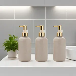 3-Piece Shower Bathroom Soap Dispenser Set, 8.45oz/250ML Shampoo Conditioner Distributor, Wheat Straw Color Hand Sanitizer Refillable Bottle with Gold Pump