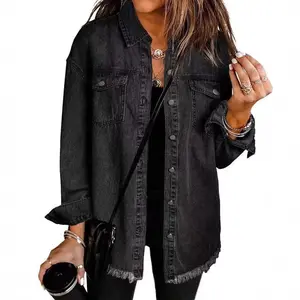 Women's Washed Denim Shirt Jacket Unique Street Style Frayed Hem