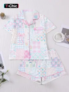 【Valentine's Day】Women's Casual Cartoon Print Sleepwear Set, Comfortable Short Sleeve Top & Elastic Shorts, Perfect for Spring Summer, Valentine's Gift
