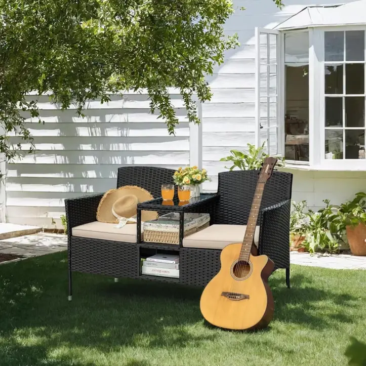 Vineego Outdoor Patio Loveseat Black Wicker 2-Seat Patio Conversation Set with Cushions & Center Storage Table，Beige