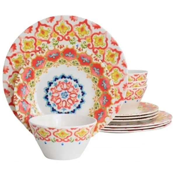 Tamayo Geometric Melamine Dinnerware Set - 12-Piece, Multi-Color, Durable, Lightweight - Includes Bowls, Plates, and a Storage Rack