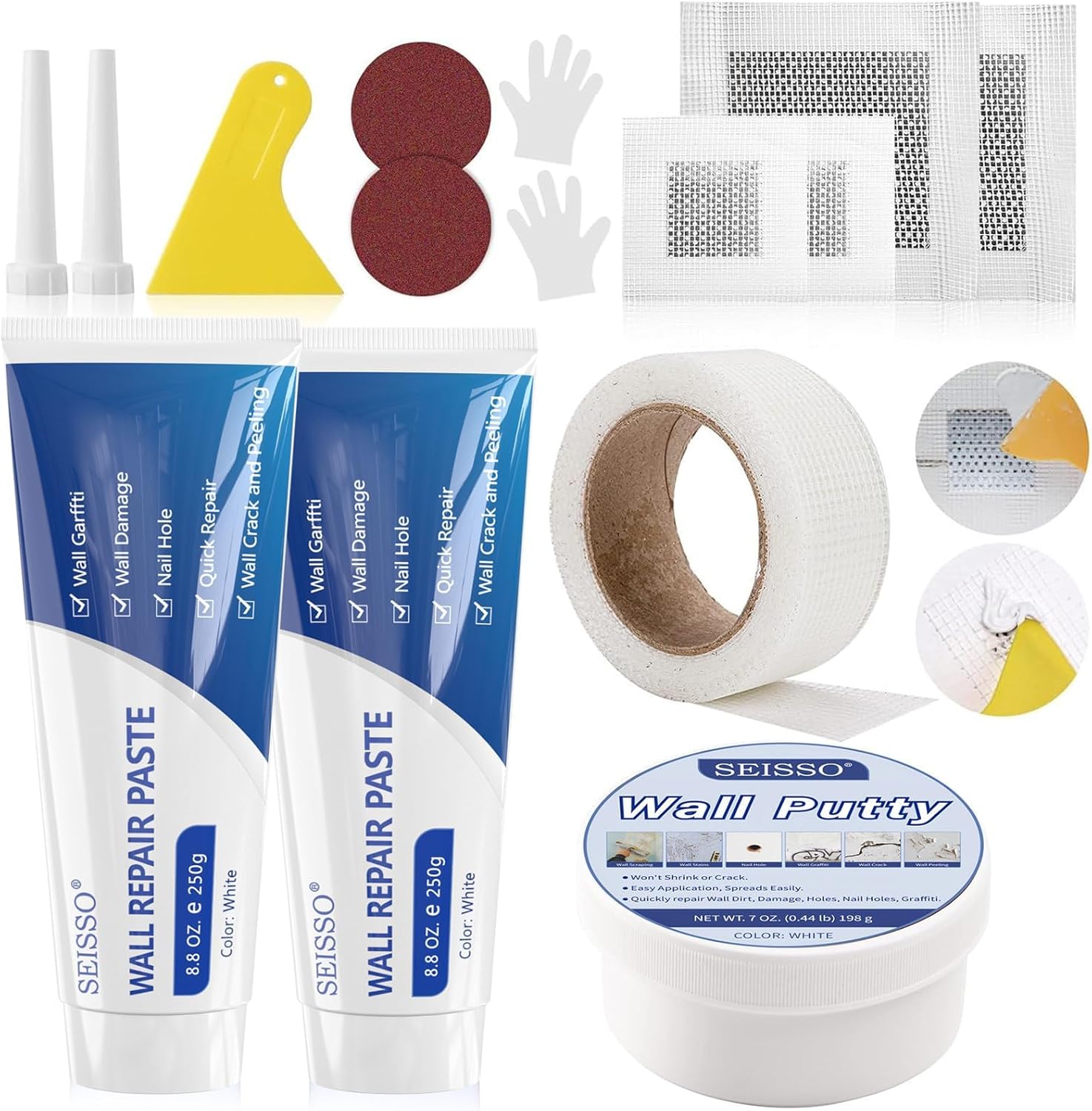 SEISSO Drywall Repair Kit, White- Wall Mending Agent 250 g* 2, Wall Repair Paste Plaster, 1 Pack Wall Putty, Repair Tape and Wall Repair Patch with 2inch 4inch, Quick Fill Crack and Nail Hole