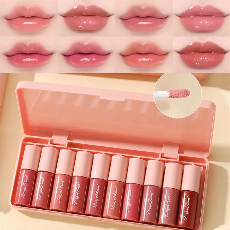 Set of 10 Shimmering Lip Glosses, Easy-To-Apply Lip Glaze, Non-Stick, Non-Fading, Moisturizing, Shiny Lip Gloss, Glass Lip Gloss with Fine Shimmer and Pearlescent Effect