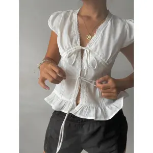 Women's Plain Lace Trim Tie Front Blouse, Casual Puff Sleeve Top for Summer, Women's Clothing for Daily Wear