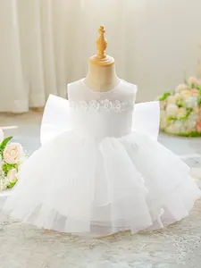 Pink Baby Girl Clothes Infant Christening Cocktail Toddler White Baptism Appliques Mesh Bow Ball Gown Pageant Birthday Party Ball Gown Princess Dress for all Season 6 Months to 3 Years