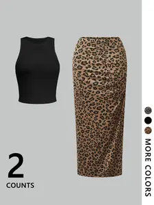 Women's Leopard Print Crop Tank Top & Skirt Two-Piece Set, Casual Matching Set, Casual Fashion Cozy Two Piece Outfits for Daily Outdoor Wear, Ladies Clothes for Spring & Summer, Suits, Clothing Sets, Womenswear