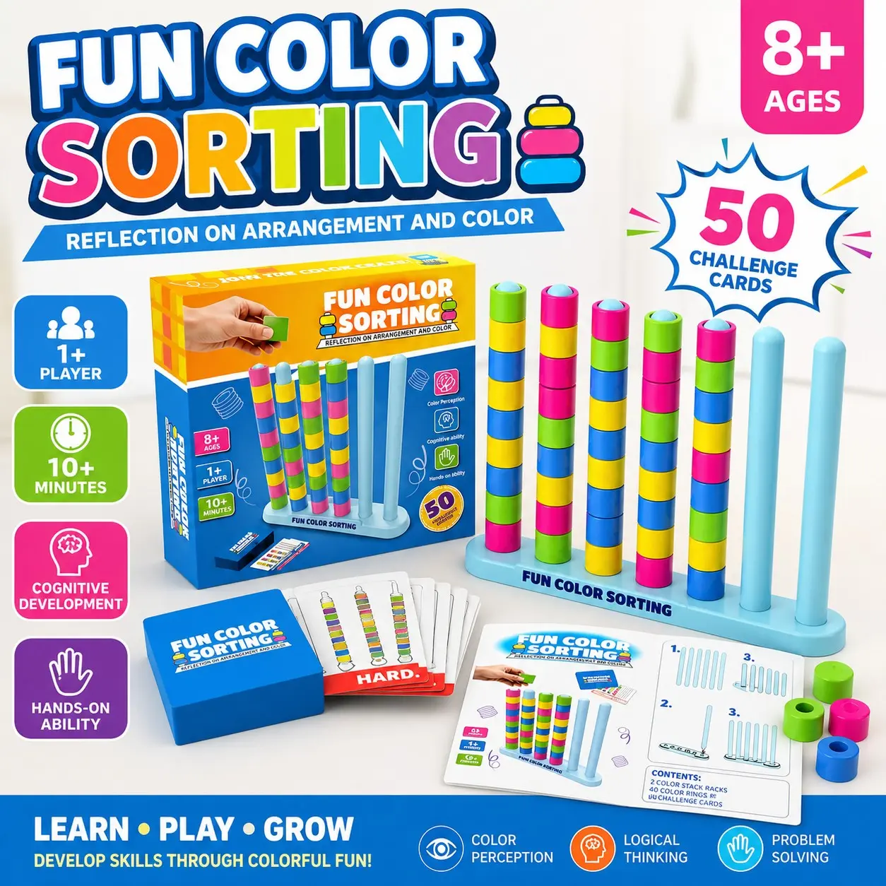 Color Sorting Stacking Game for Kids, Fun Puzzle Challenge Toy, Educational Brain Training, Family Party Board Game, Focus & Logic Skill Toy, Stacking Block Tower Game Ages 8+