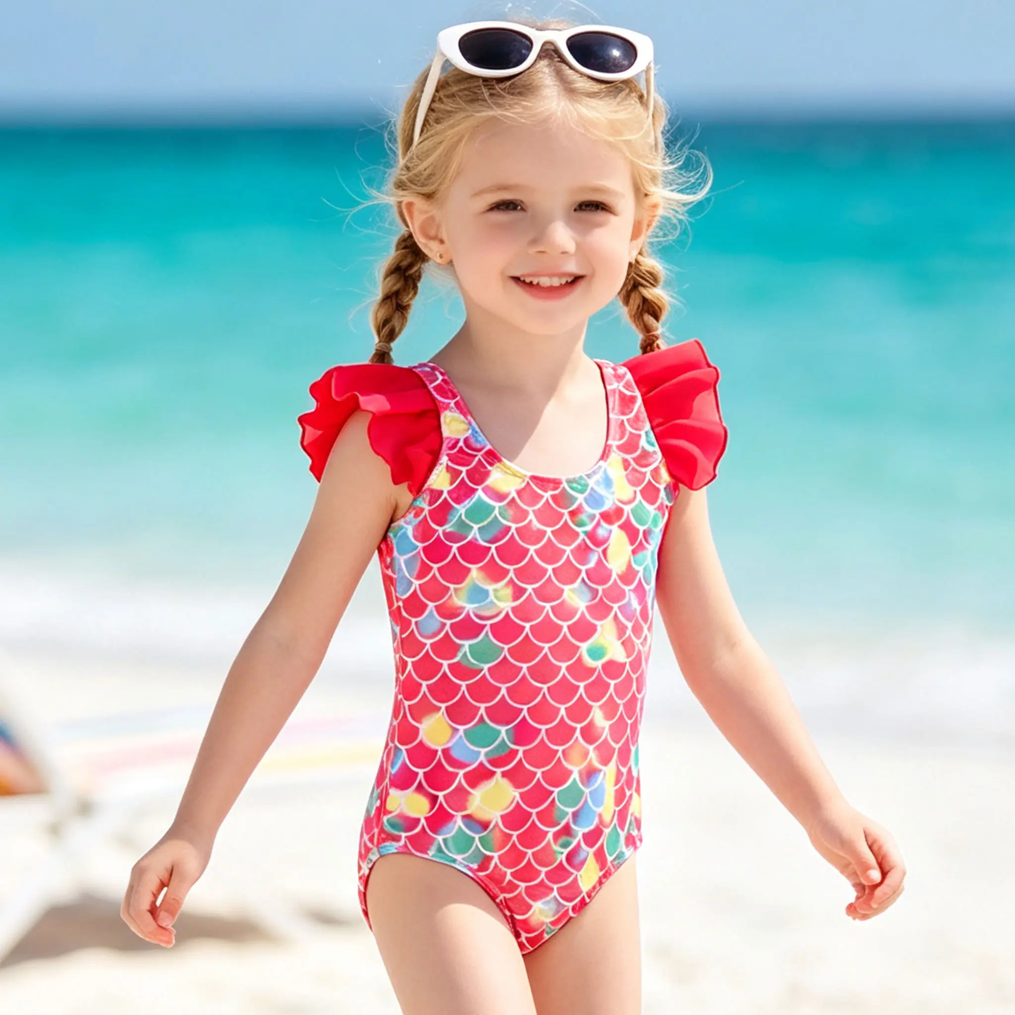 Girls' Mermaid Scale One-Piece Swimsuit, Ruffle Sleeve Kids Beach Swimwear Water Gear for Beach Vacations & Pool Parties
