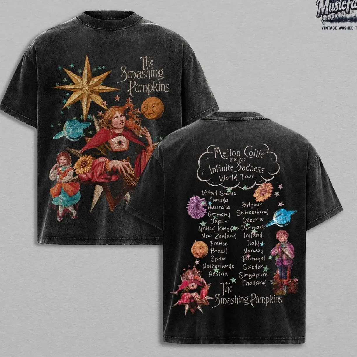 The Smashing Pumpkins Mellon Collie and the Infinite Sadness World Tour Vintage Washed Oversized T-Shirt, Retro Alternative Rock Band Graphic Tee, Double Sided Heavyweight Cotton Acid Wash Shirt, Halloween Gift, Y2k Styles, Vintage Outfit LRB