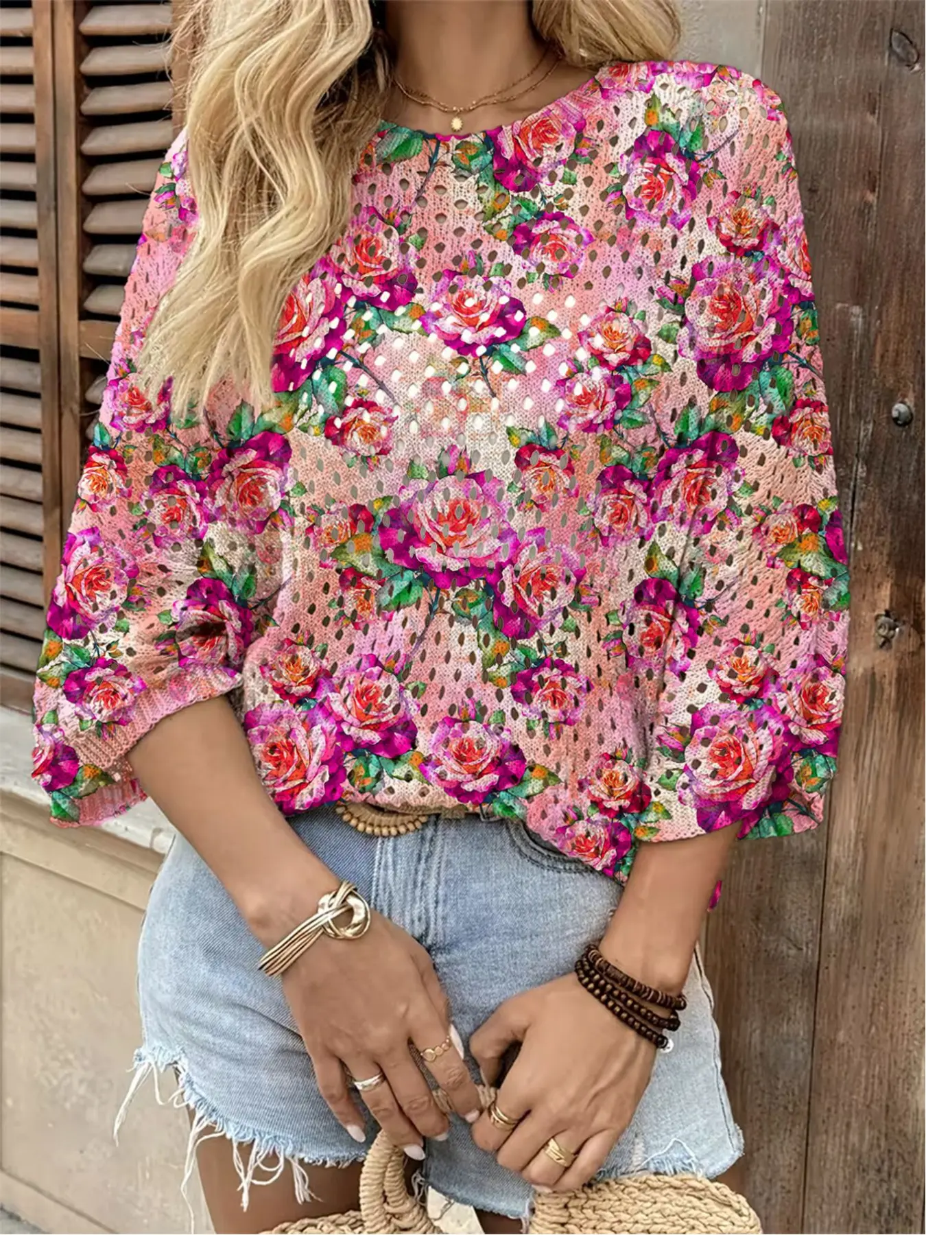 Spring/Summer style, crew neck hollowed-out loose batwing sleeve blouse, floral print women's knit top, vacation style, casual and elegant for commuting, women's vest blouse, bikini cover-up, Bohemian vacation style beach blouse Short Lady