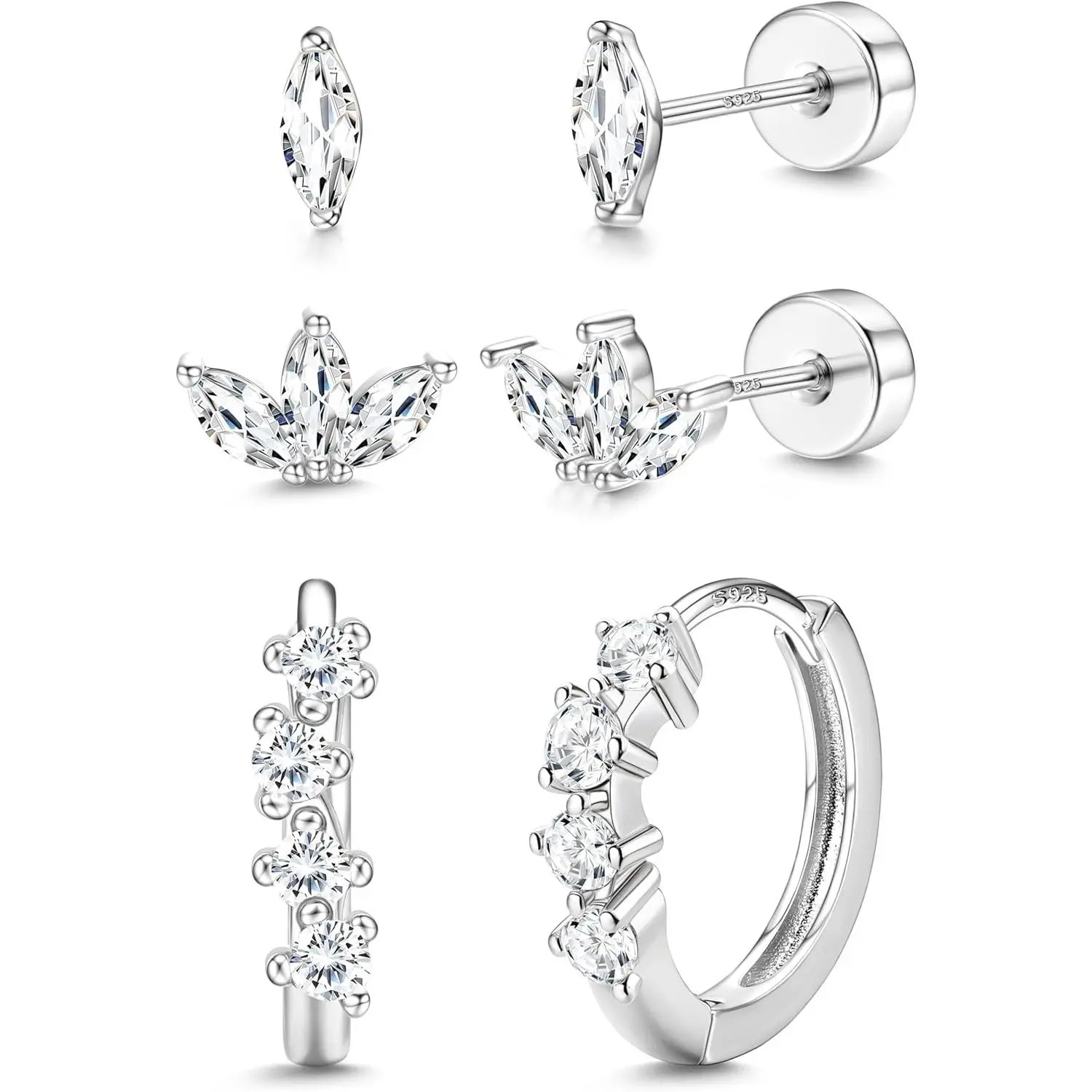 ZELORES Women's 3-Pair Hypoallergenic Earring Stacking Set for Women - Lightweight Cubic Zirconia Studs, Trendy Small Huggie Hoops, White Gold-Plated Secure-Fit Tragus/Helix Costume Jewelry, Earring For Women