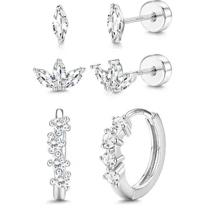 ZELORES Women's 3-Pair Hypoallergenic Earring Stack Set - Lightweight Sparkling Cubic Zirconia Studs, Trendy Small Huggie Hoops, White Gold-Plated Tragus/Helix Jewelry with Secure Fit, Sparkling Studs