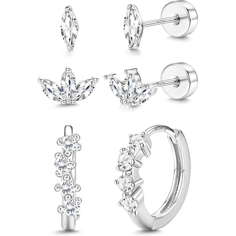 ZELORES 3 Pairs Sterling Silver Flat Back Earrings for Women Trendy Small Hoop Huggie Earrings CZ Cartilage Stud Earrings Set White Gold Plated Tragus Helix Earrings Piercing Jewelrys