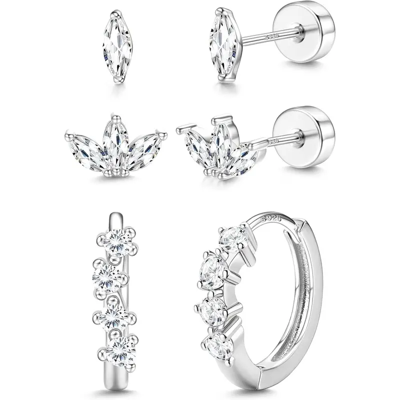 ZELORES 3 Pairs Sterling Silver Flat Back Earrings for Women Trendy Small Hoop Huggie Earrings CZ Cartilage Stud Earrings Set White Gold Plated Tragus Helix Earrings Piercing Jewelrys
