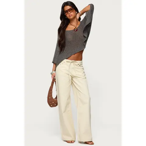 Grommet Tie Waist Low Rise Baggy Jeans