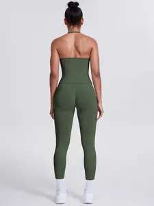 Women's Sports Suit, Neck Hanging Vest & Sports Pants 2-piece Set, Seamless Solid Color Fitness Suit, Workout Running Clothes, Running Training Pilates Set, Workout Running Outfits, Gym Athletic Clothes