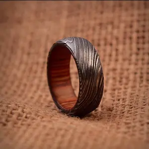 Damascus Steel Whiskey Barrel Wood Inlay Wedding Engagement Promise Ring Band