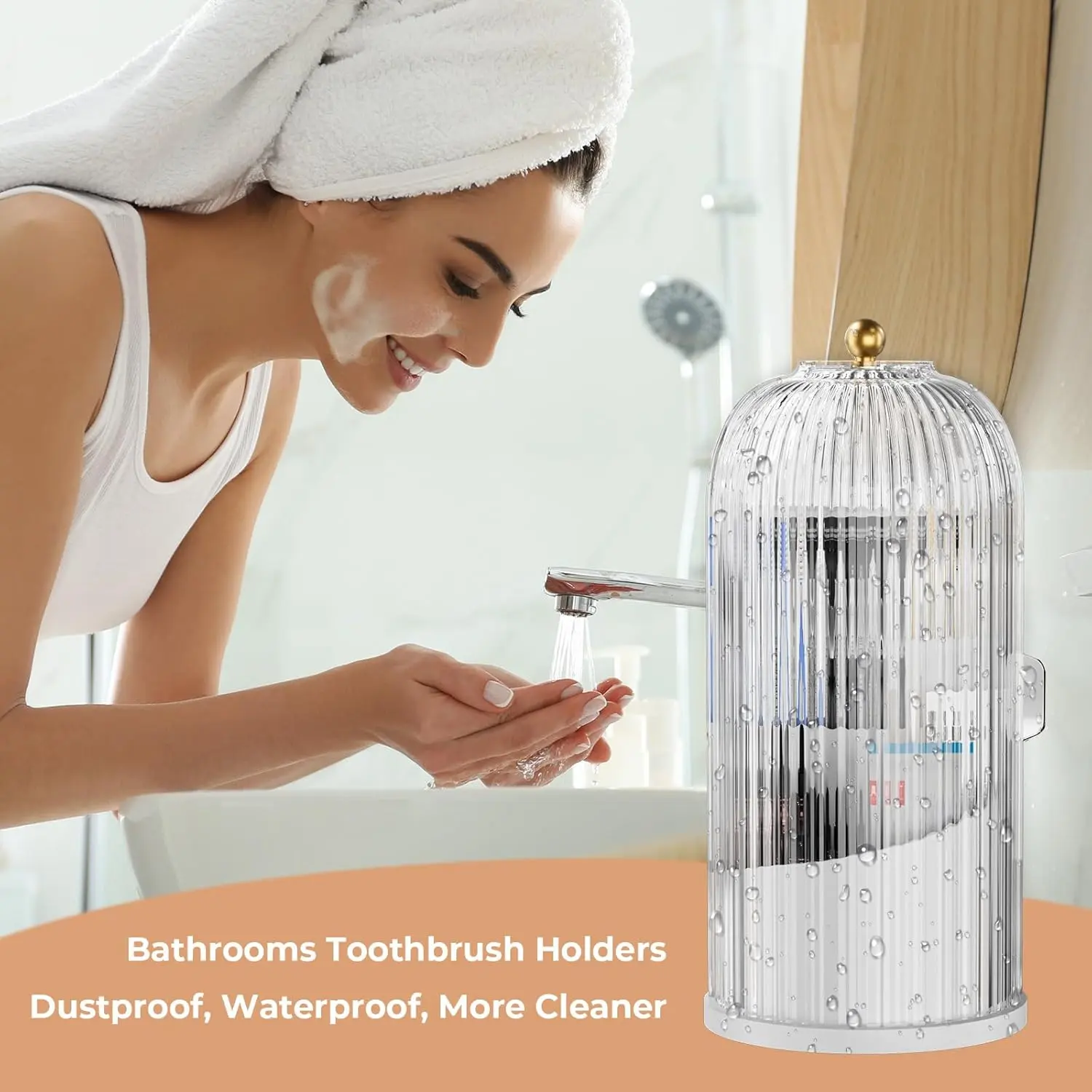 Covered toothbrush organizer used beside a bathroom sink